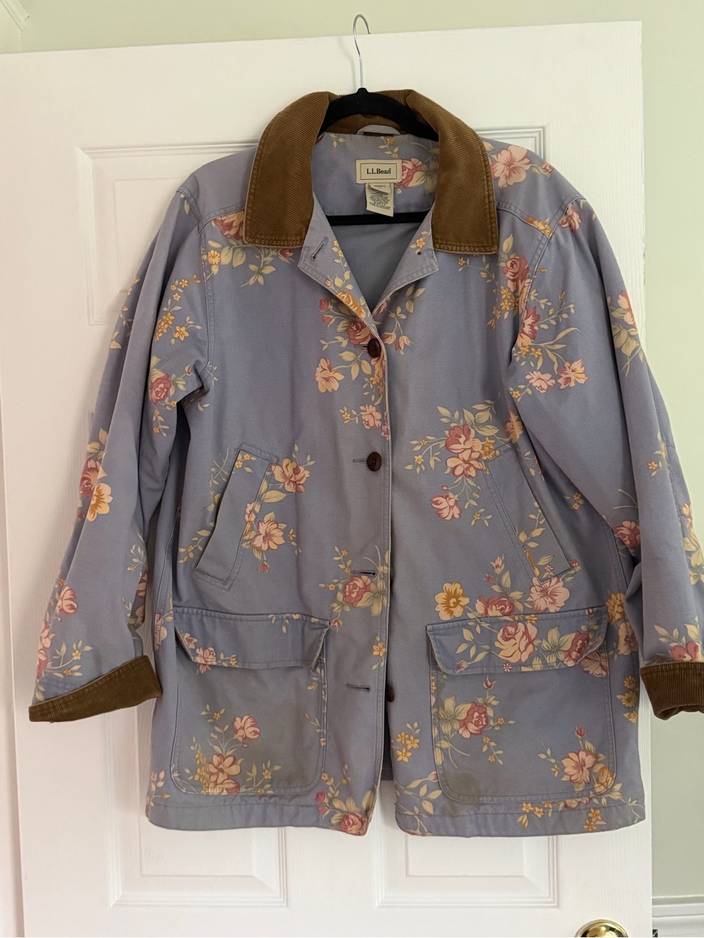 L.L. Bean Lavender Floral Utility Jacket with Brown Corduroy Collar